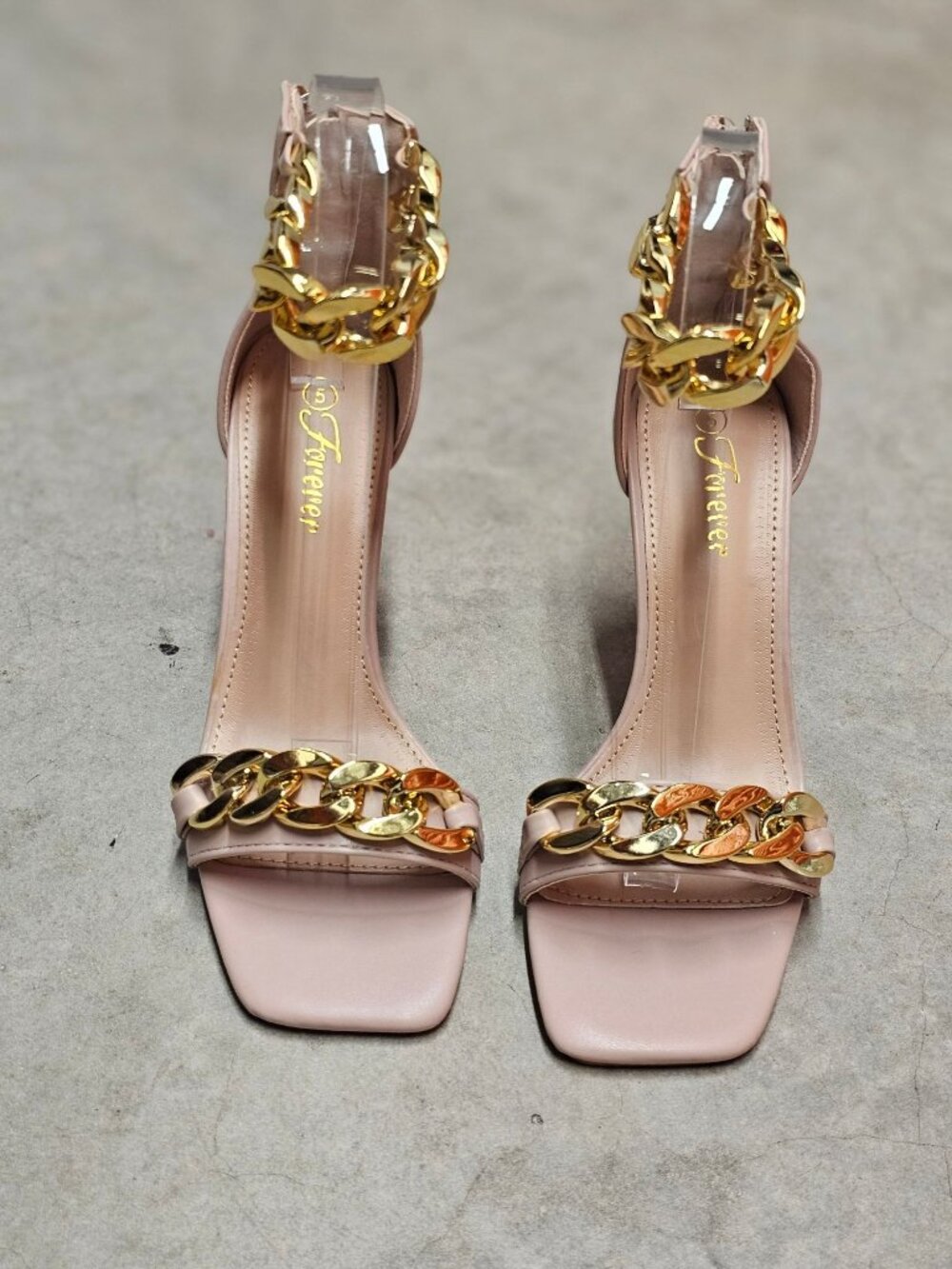 Blush Pink High Heel Sandals With Gold Chain Ankle Strap Square Toe Back Zipper - Picture 11 of 12